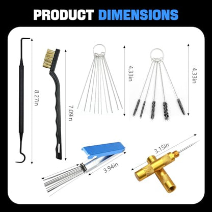Carburetor Cleaning Kit, Includes 13 Stainless Steel Wires, 10 Needles, 5 Nylon Brushes, 1 Pointed Pick, 4 Cleaning Hooks, 3 Brushes, Torch Tip Cleaner, Carbon Dirt Jet Cleaner Repair Tools
