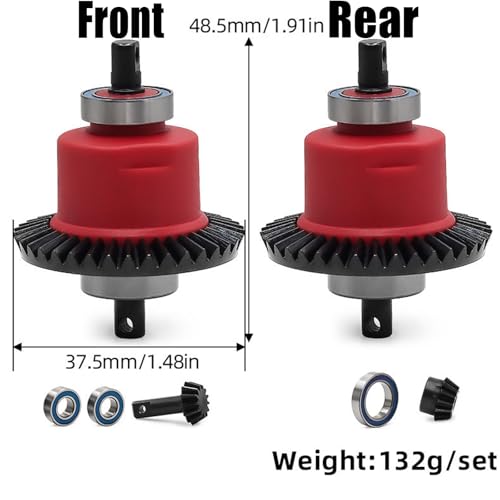 Front Rear Differential with Bearings, 37T/13T Gear Ratio Diffs Fit for Traxxas 1:10 Slash 4X4 Rustler Stampede Bandit Rally Ford F-150, Upgrade Replacement for RC Monster Truck Crawler - color: Red