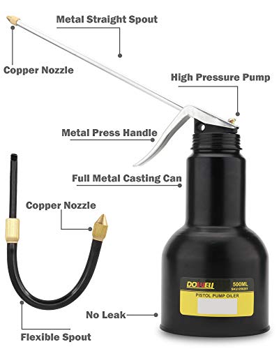 DOWELL Pistol Pump Oiler Metal Oil Can Lubrication Oil Gun 16oz 500ml Can Bottle with 2-Pieces Straight Spout Black HY050201 - size: 16 oz