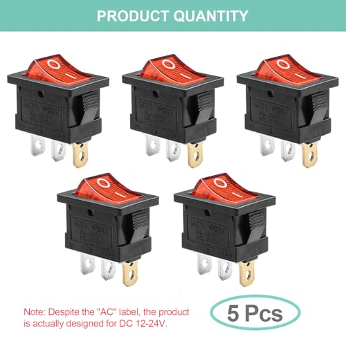 5 Pack KCD1 SPST On/Off Red LED Boat Rocker Toggle Switch | 3-Pin 2-Position Snap In, Only for DC 12V-24V 20A - color: Red, size: DC 12V-24V 20A - Not Pre-Wired