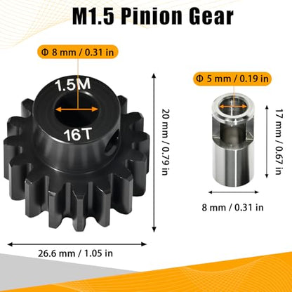 M1.5 16T Pinion Gear 8mm Bore with 8mm to 5mm Shaft Adapter Sleeve, Chromium Steel Motor Gear with Set Screw & Hex Key for Traxxas ARRMA Losi 1/5 1/8 RC Cars - size: 16T