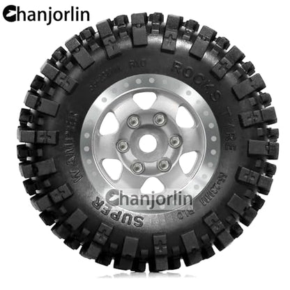 1/24 1/18 RC Crawler Tires and Beadlock Wheels Rims Offset -2.5mm 1.0 Super Soft Sticky Mud Terrain Rock Tyres OD 55mm For 1:24 1:18 Car Axial SCX24 FMS AX24 FCX18 FCX24 TRX4M 4Pcs (Silver) - color: Silver