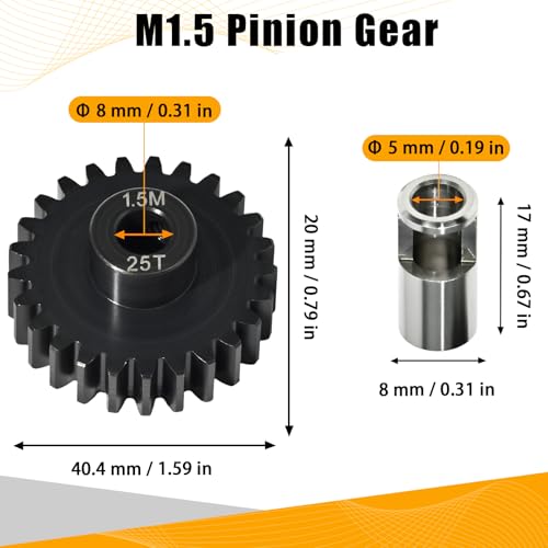 M1.5 25T Pinion Gear 8mm Bore with 8mm to 5mm Shaft Adapter Sleeve, Chromium Steel Motor Gear with Set Screw & Hex Key for Traxxas ARRMA Losi 1/5 1/8 RC Cars - size: 25T