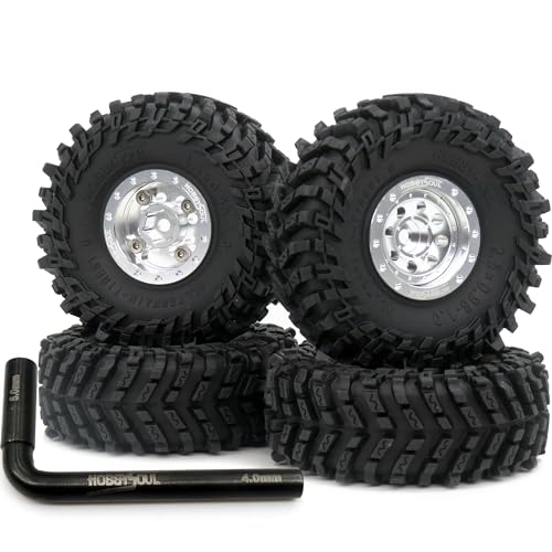 RC 64mm Tall 1.0 beadlock wheels tires, 1.0 Tires Tyres & Metal 1.0 wheels +1mm & -3mm offset Rims Silver For RC Mini Crawler Trail 1/24 SCX24 FMS24 FCX24 1/18 TRX4M