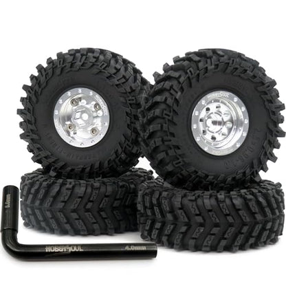RC 64mm Tall 1.0 beadlock wheels tires, 1.0 Tires Tyres & Metal 1.0 wheels +1mm & -3mm offset Rims Silver For RC Mini Crawler Trail 1/24 SCX24 FMS24 FCX24 1/18 TRX4M