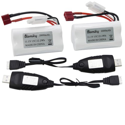 Blomiky 2 Pack T Plug 11.1V 3S 15C 2000mAh 22.2Wh Lithium-ion Battery and USB Cable Suitable for 2104 and R608 RC Boat / R608 Battery 2