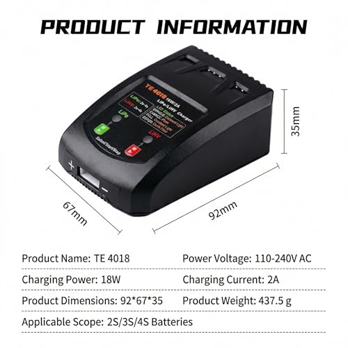 18W Fast LiPo Battery Charger, 2S 3S 4S RC Balance Charger Compatible with 7.4-14.8V LiPo & 8.7-17.4V LiHV Batteries, XH3P XH4P XH5P Connectors for FPV Drones, Airsoft Guns, RC Vehicles - size: LiPo Battery Charger