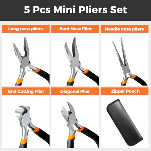 LIFEGOO 5 Pieces Mini Pliers Set – Durable Precision Tool Kit for Crafts, Jewelry & DIY, Includes Long Needle Nose, Bent Nose, Diagonal, End Cutting, Nipper (Black) - color: Black