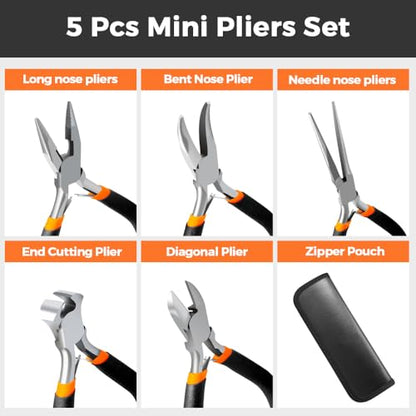 LIFEGOO 5 Pieces Mini Pliers Set – Durable Precision Tool Kit for Crafts, Jewelry & DIY, Includes Long Needle Nose, Bent Nose, Diagonal, End Cutting, Nipper (Black) - color: Black