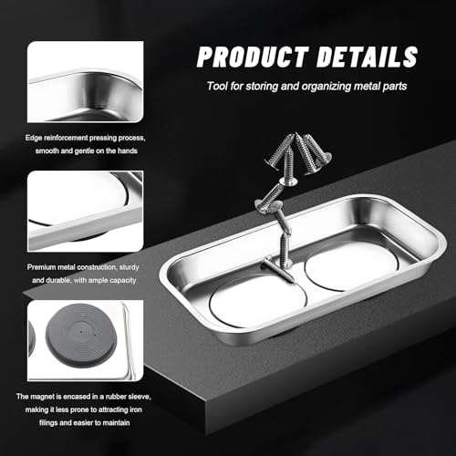 Sun Walker 2 PCS Magnetic Tray Holders, Stainless Steel Tray Set with Strong Magnet, Heavy Duty Thickened Magnetic Trays for Screws Bolts Nuts Washers Pins (9.4"×5.4" Square+4" Round) - color: 9.4"×5.4" Square+4" Round