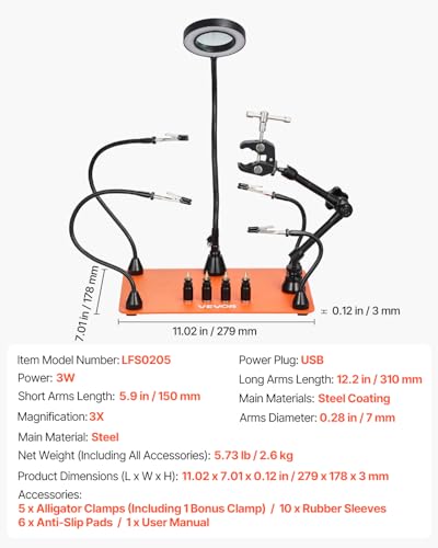 VEVOR Magnetic Helping Hands Soldering Station, Third Hand Soldering Tool with Gooseneck LED Magnifying Lamp, 4 PCB Holders & 360 Hot Air Gun Holder for Electronic Repair Craft Hobby - style: with Heat Gun Holder