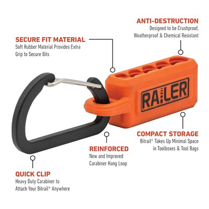 Spanner Screwdriver Bit Set - Railer 5PC S2 Steel 1" Spanner Snake Eyes Impact Driver Bit Set With A Tool Storage Bit Holder & Carabiner - color: Orange Bitrail