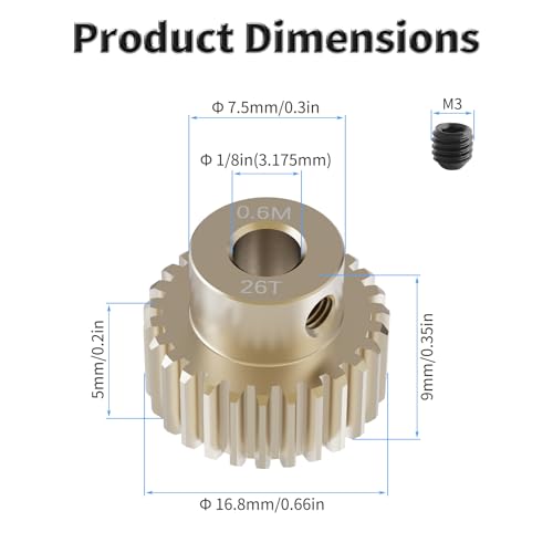 Pinion Motor Gear, M0.6 26T, 1/8 in (3.175mm) Shaft Hole | M0.6 Pitch 26 Teeth, 7075 Aluminum Alloy, 1/8 Inch Shaft Hole, RC Motor Pinion Upgrade, for 1/10 RC Brushless Crawler - size: M0.6 26T