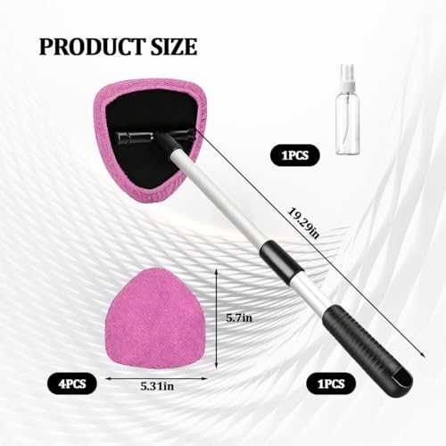 Car Windshield Cleaner Tool, Extendable Handle Pentagonal Vehicle Window Cleaning Kit with 4 Reusable Pads Spray Bottle, Auto Windscreen Detailing Cleaner, Universal Fit (Pink) - size: Pink
