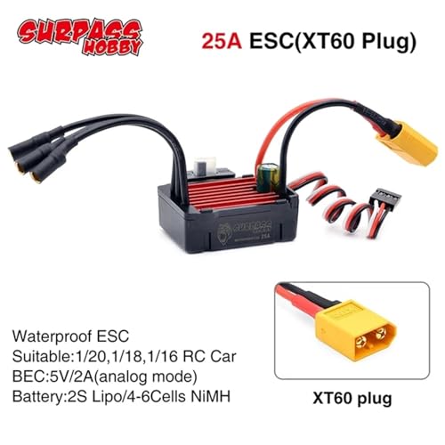 2S 25A Waterpoof Brushless ESC Speed Controller BEC 5V 2A for XT60 Plug for 1/20 1/18 1/16 RC Car - color: 25a Xt60 Plug