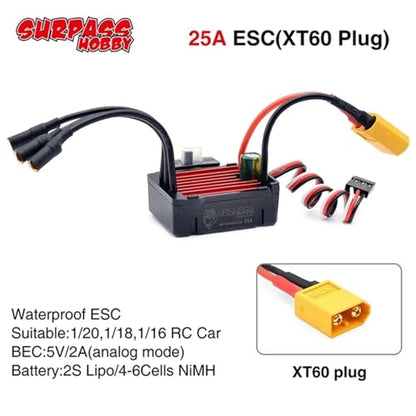 2S 25A Waterpoof Brushless ESC Speed Controller BEC 5V 2A for XT60 Plug for 1/20 1/18 1/16 RC Car - color: 25a Xt60 Plug