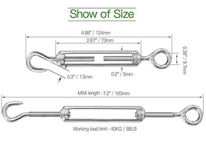 6PCS M5 Hook & Eye Turnbuckle 304 Stainless Steel Turnbuckle Wire Rope Tension Heavy Duty Turnbuckles for Cable Railing Wire Rope Hardware Kit (M5, Hook & Eye) - style: Hook & Eye-M-5