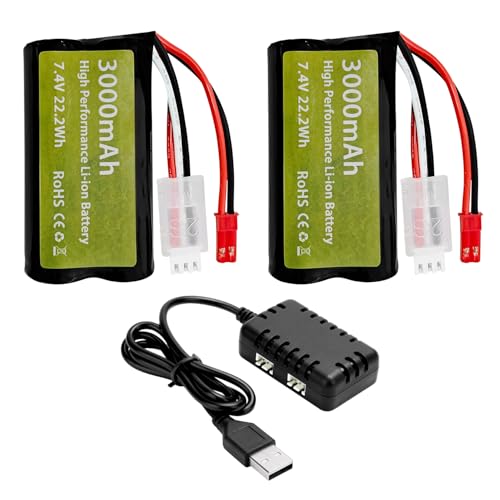 sea jump 2PCS 7.4V 3000mah 15C 2S Li-ion Battery with JST-2P Plug and 2in1 Charger for UDIRC UD1601 UD1602 SG1603 RC Car 1/10, 1/12, 1/16 Ratio RC Car Truck RC Ship Drone Engineering Vehicle Battery