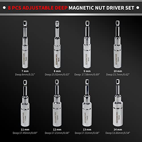 Extra Deep Magnetic Nut Driver Set, 8 PCS Adjustable Deep Nut Driver Set for Impact Drill, Metric, Quick-Change 1/4" Hex Shank,Cr-V Steel