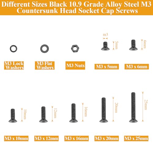 565 Pieces M3 Screws Nuts Washers Set Black, Sutemribor M3 x 5/6/8/10/12/16/20mm Countersunk Head Socket Cap Screws Nuts Washers Assortment Kit, 10.9 Grade Alloy Steel, Fully Threaded - size: M3, style: Countersunk Head Socket Cap