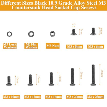 565 Pieces M3 Screws Nuts Washers Set Black, Sutemribor M3 x 5/6/8/10/12/16/20mm Countersunk Head Socket Cap Screws Nuts Washers Assortment Kit, 10.9 Grade Alloy Steel, Fully Threaded - size: M3, style: Countersunk Head Socket Cap