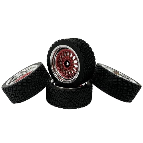 4PCS 65mm RC Rally Car Rubber Tires and Plastic Plating Wheel Rims Set 12mm Hex for 1/10 RC On-Road Rally Drift Racing Car for Tamiya HPI WR8 HSP TT02 WLtoys(Red Silver) - color: Red Silver