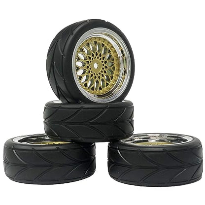 4PCS 64mm RC Rubber Tires and Plastic Plating Wheel Rims Set Replacement Part 12mm Hex for 1/10 RC On Road Run-flating Touring Racing Drift Car Tyre(Gold Silver,Offset:3mm) - color: Gold Silver, size: Offset:3mm
