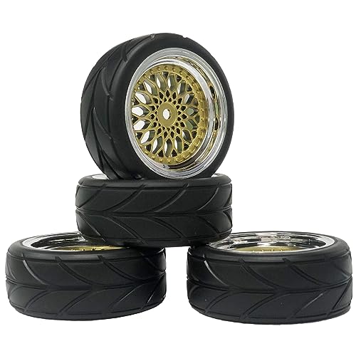 4PCS 64mm RC Rubber Tires and Plastic Plating Wheel Rims Set Replacement Part 12mm Hex for 1/10 RC On Road Run-flating Touring Racing Drift Car Tyre(Gold Silver,Offset:3mm) - color: Gold Silver, size: Offset:3mm