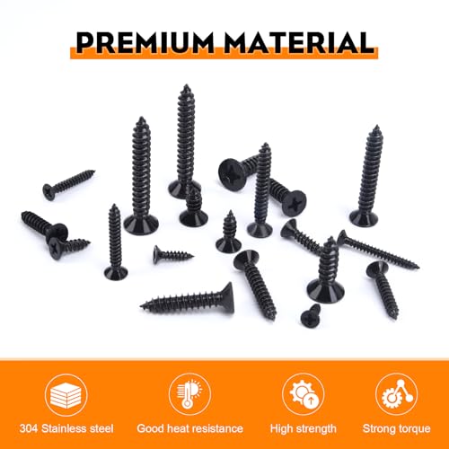 542PCS #4#6#8#10#12 Phillips Head Screw Set Stainless Steel Wood Screws Assortment Kit, Assorted Sheet Metal Self Tapping Screws, 18-8(304) Stainless Steel (Flat Black) - style: flat black