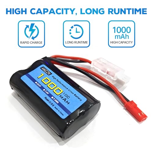 2PCS 7.4V 1000mAh 2S JST Plug Li-ion Battery with 2-in-1 Charger for RC Car,Stunt Flip Vehicle,Truck,Engineering Vehicle,RC Boat,Excavator,Toy Car Model,Off-Road Vehicle Battery