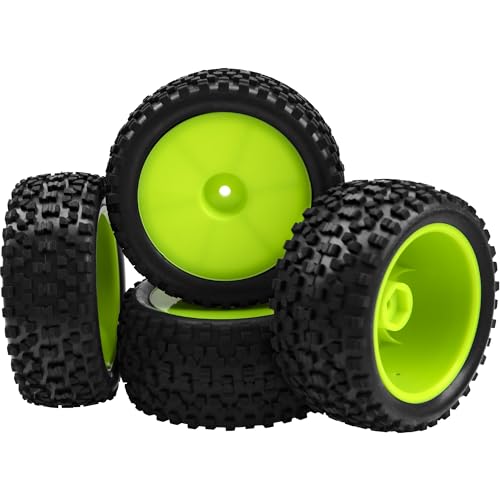 4Pack HIRCQOO OD 88mm/3.46" Front and Rear Rubber Tire Tyre & Plastic Wheel Rims 12mm Hex Hub Compatible with Redcat HPI HSP ExceedRC Kyosho Losi 1/10 Scale Off Road Buggy (Green) - color: Green