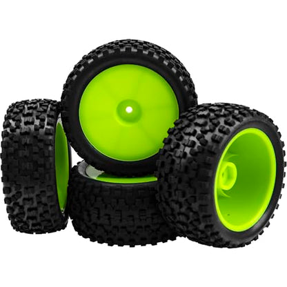 4Pack HIRCQOO OD 88mm/3.46" Front and Rear Rubber Tire Tyre & Plastic Wheel Rims 12mm Hex Hub Compatible with Redcat HPI HSP ExceedRC Kyosho Losi 1/10 Scale Off Road Buggy (Green) - color: Green