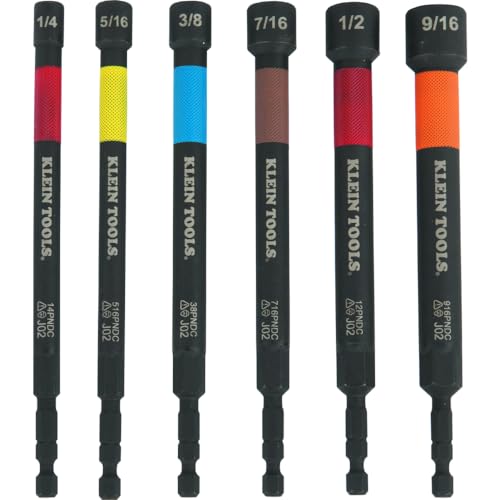 Klein Tools 32930 SAE Magnetic Impact Nut Setter Set, 6-Piece Color Coded Power Nut Driver with Extended Reach, 6 SAE Sizes - size: 6-Inch / 6-Piece Set