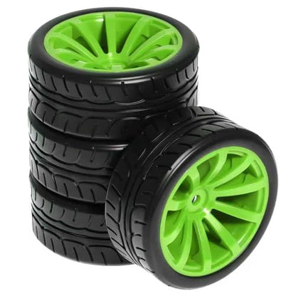 RC OD 65mm 1/10 Rally Racing Touring Tires & Plastic Wheels 12mm Hex for 1:10 1/12 On Road Drift Street Car Tamiya TT01 TT02 Traxxas XV02 XV01 TA06 HPI KYOSHO PTG2 A959 4PCS (Black) - color: Black