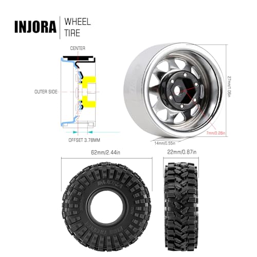 INJORA 1.0 Beadlock Wheel Tires Set -3.78mm Offset for 1/18 1/24 RC, Silver - color: Silver