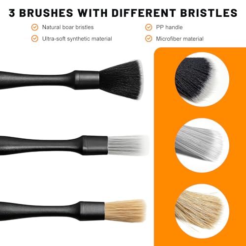 4PCS Car Detailing Brush Kit, Auto Cleaning Kit Includes Vent Cleaner & 3 Ultra Soft No Scratch Boar Hair Brushes, Multi-Use Interior & Exterior Detailing Brush for Most Cars - color: 4 PCS