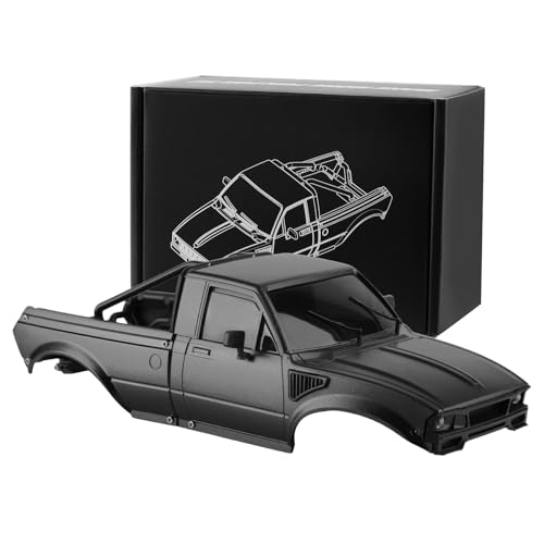 Hard Pickup Body Shell with Bed Rack for 1/24 SCX24 RC Crawler | With dual interchangeable grilles, magnetic flip-up design easy maintenance - color: Black