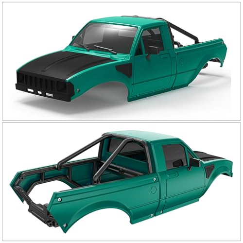 RC Pickup Body Shell with Bed Rack and Light kit & 2PCS Hanging Ball Nuts for 1/24 RC Crawler Axial SCX24 C10 Bronco Wrangler Base Camp 4Runner (Black & Green)