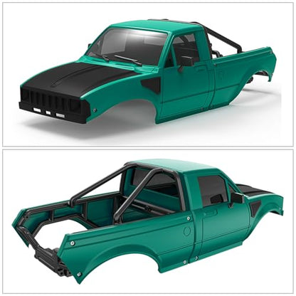 RC Pickup Body Shell with Bed Rack and Light kit & 2PCS Hanging Ball Nuts for 1/24 RC Crawler Axial SCX24 C10 Bronco Wrangler Base Camp 4Runner (Black & Green)