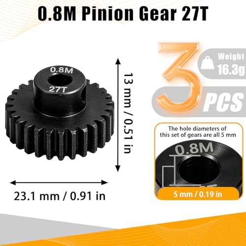 3-Pack Steel Metal 0.8M 5mm Pinion Motor Gear Sets 27T Compatible with HPI Kyosho Losi Axial Tamiya 1/8 1/10 RC Car Monster Truck Buggy, 0.8 Module Gear for Traxxsa Arrma - style: 3Pcs 27T