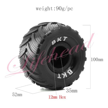 Lifehead 1/16 RC Monster Truck Snow Sand Tires for 1/12 1/14 1/16 RC Off Road Monster Truck TRAXXAS E-REVO SUMMIT Tamiya Losi HBX 16889 S1601/12mm Hex/OD 100mm - color: Black