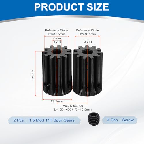 uxcell 2Pcs 1.5 Mod 11T Spur Gear 6mm Bore, 1045 Steel Pinion Gear Black Surface Treatment, 20°Pressure Angle, for Spur Rack and RC Model Car or Motor DIY - size: 1.5 Mod 11T, 6mm