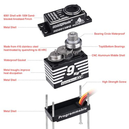 HobbyPark Waterproof 9kg High Torque Sub-Micro Steering Servo for TRX4M 1/18 Crawler & Shift Servo for TRX4 SCX10 1/10 Scale Crawler Digital Metal Gear Aluminum Shell Programmable Arduino Servo 180°
