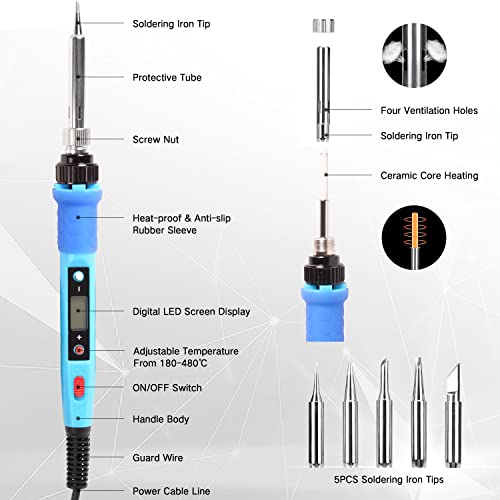LDK 80W Soldering Iron Kit, LCD Digital Soldering Welding Tool with Ceramic Heater Stable Temperature for DIY and Professional Use - color: Digital 80w Blue