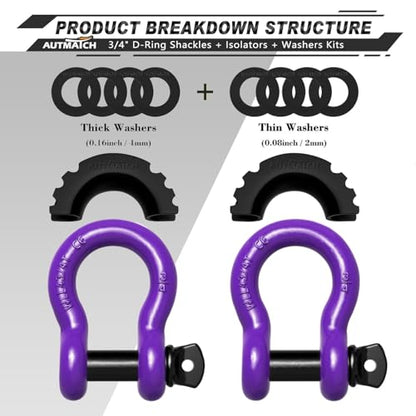 AUTMATCH 3/4" D Ring Shackles (2-Pack) - 41,887 lbs Break Strength | Clevis Shackle with 7/8" Pin & Isolator Washer Kit for Tow Strap, Winch, Towing & Off-Road Vehicle Recovery, Purple - color: Purple & Black
