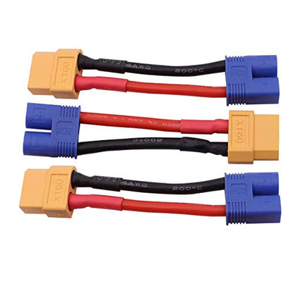 3PCS Male EC3 Plug to Female XT60 Plug Connector Adapter Cable Compatible with RC Car Truck Boat Airplane Lipo Battery ESC Charger(14awg 5cm)