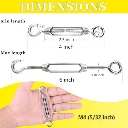 Turnbuckle Lsqurel 10PCS 304 Stainless Steel Turnbuckle Hook and Eye Heavy Duty M4 M6 M8 M10 Tensioner Adjustable Shade Sail Hardware for Tightening up Metal Cable Wire 5/32 1/4 5/16 3/8 - style: M4 - 10pcs