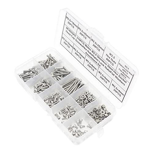 Metric M2.5 Stainless Steel Socket Head Cap Screws Hex Nuts/Nylon-lnsert locknuts/Flat Washers Assortment Kit - size: M2.5