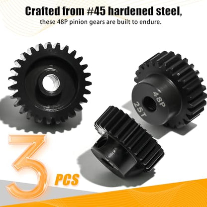 3PCS 48P Pinion Gear Set Hardened Steel 3.175mm Shaft 25T 26T 27T with Screws & Hex for 1/10 RC Arrma Traxxas HPI Kyosho Losi Axial SCX10 Tamiya Monster Truck Buggy Motor Upgrade Parts - size: 25 26 27T
