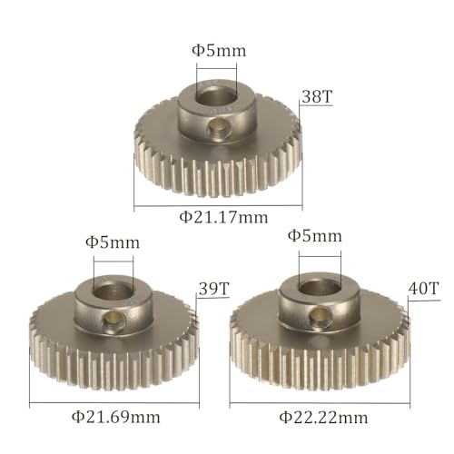 3pcs 48DP Pinion Motor Gear Set - [ 5mm Bore x 38T 39T 40T Hardened Steel Teeth ] Motor Gears for RC Cars Trucks Buggies, with Hex Key